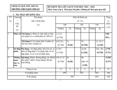 Đề thi Giữa kì 2 Toán 6 năm 2025-2026 trường THCS Quế Thuận (Đà Nẵng)